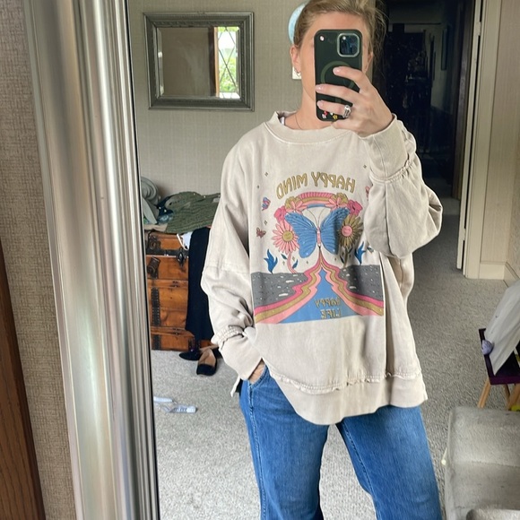Simply Southern Oversized Slouchy Crewneck Sweatshirt " Happy Mind Happy Life " - Picture 1 of 13